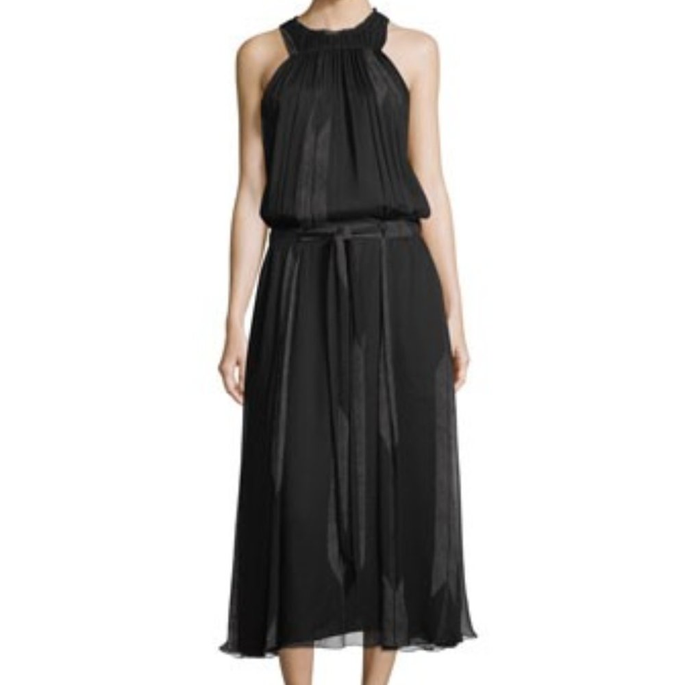 Halston Heritage High Neck Ruched Silk Midi Dress Black Small